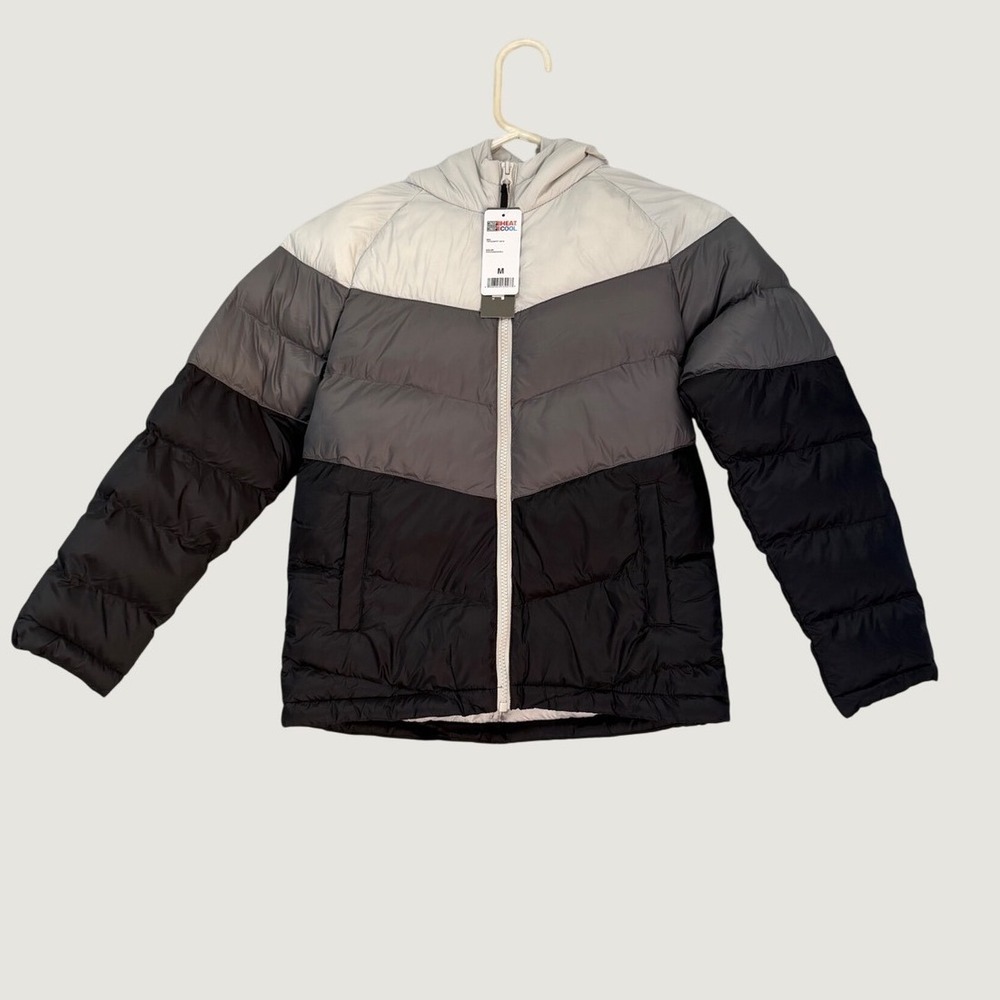 NWT 32 Degrees Heat Youth Kids Hooded Puffer Jacket Gray Black White M 10-12